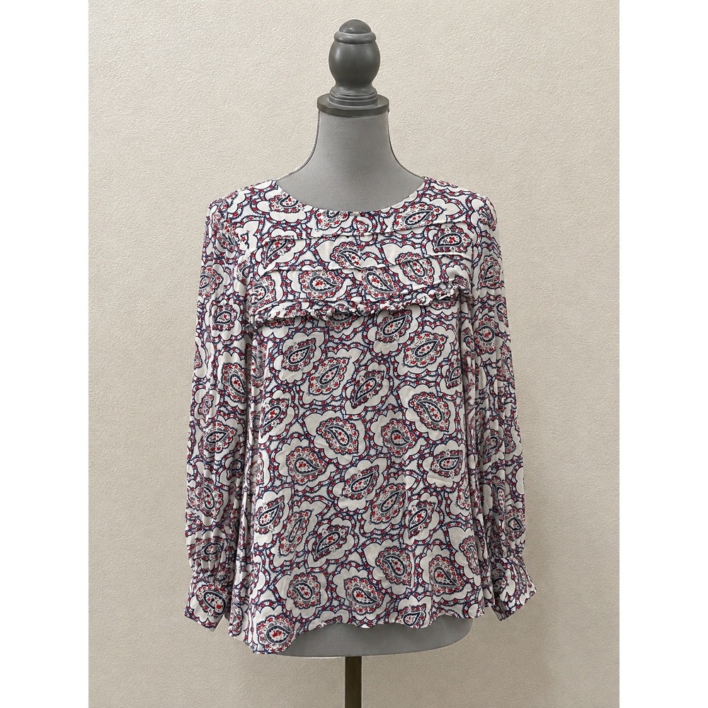 Talbots Plus Size 1X Pintuck Yoke Paisley Blouse Ruffle Accent Long Sleeve